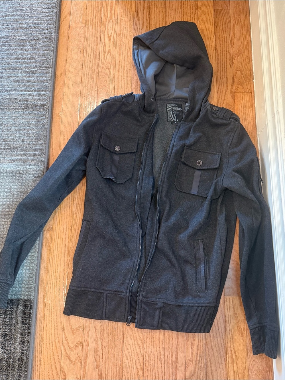 Elixir Men's Gray Herringbone Zip Up Hoodie Jacket damage to front pocket
